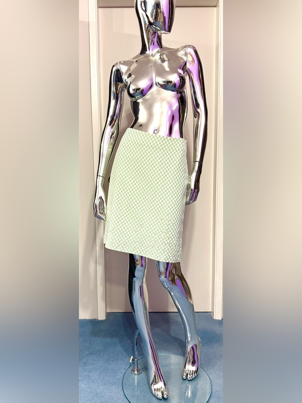 🏖️Summer Sale Tahari Light Green + White Checker A-Line Midi Skirt